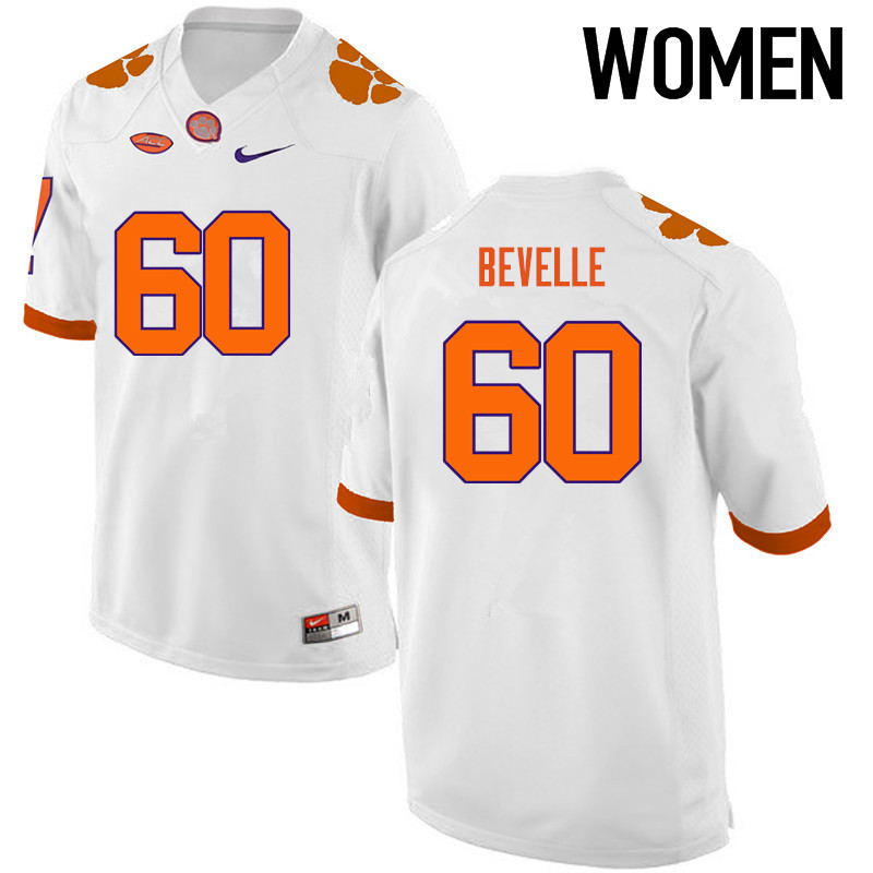 Women Clemson Tigers #60 Kelby Bevelle College Football Jerseys-White